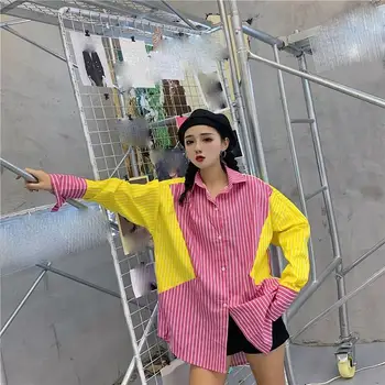 

Women Casual Button Plus Size Blouse Korea Style Loose Long Sleeve Shirts Harajuku Turn-Down Collar Patchwork Shirts