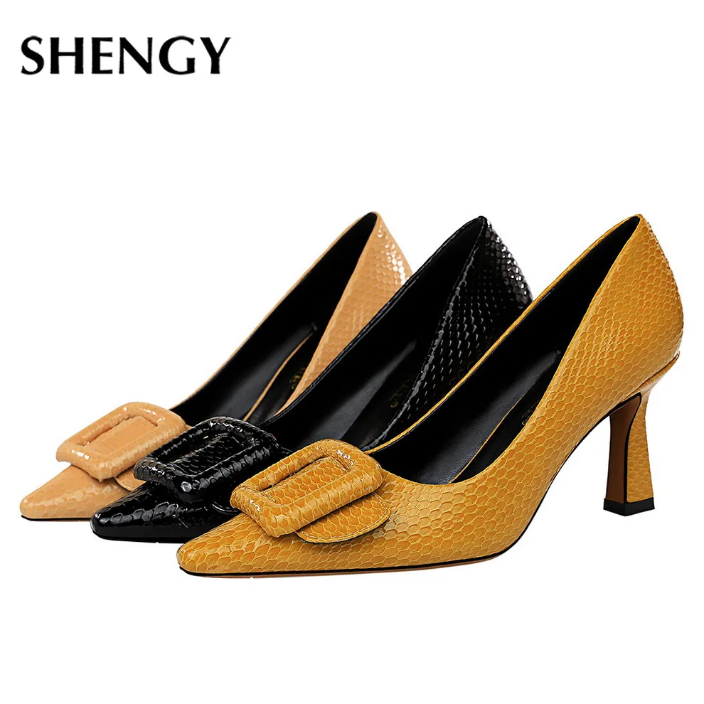 

2020 Office Women PU 7.5cm Serpentine High heels thin heels Sandals shallow Party Pumps Wedding Ladies Shoes