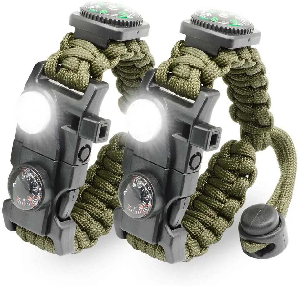 Pulsera de supervivencia trenzada de emergencia militar con Paracord LED  SOS, brazaletes de cuerda de rescate para acampar al aire libre, brújula,  silbato, cuchillo