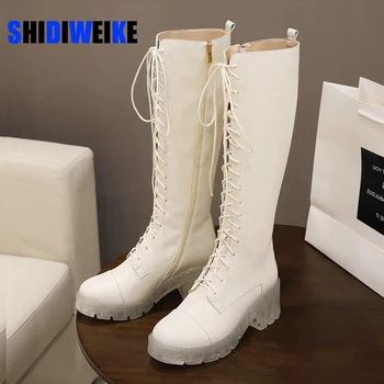 

Women Leather Boots New Winter Lace-up Knee-High Boots Platform Chunky Shoes Woman 6CM Square heel Motorcycle Boot High Heels