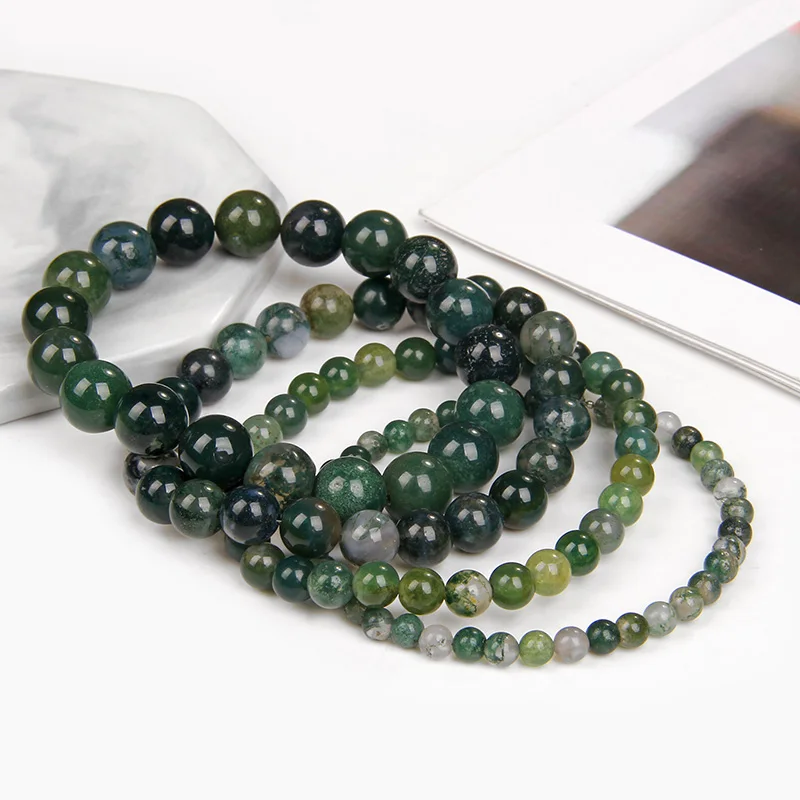 4/6/8/10mm Natural Stone Bracelet Moss Agates Round Beaded Bracelets Couple Energy Healing Yoga Bracelet Men Women Jewelry Gifts