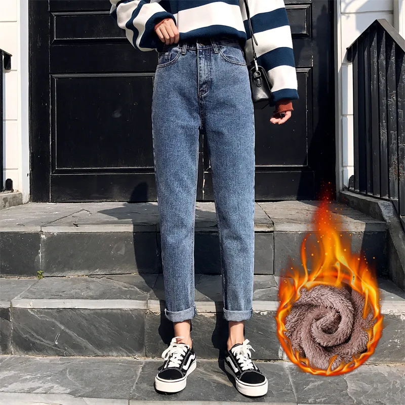 

JRNNORV Korean Jeans Women Plus Size Winter Warm Jeans Pants Blue Solid Loose Fleeces Thick Pencil Pants Denim Trousers