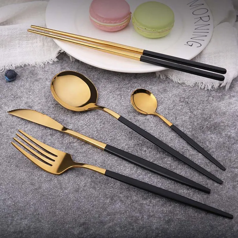 

2020 Stainless Steel 4Pcs/set Black Gold Cutlery Set Dinnerware Silverware Flatware Set Dinner Knife Fork Spoon ping