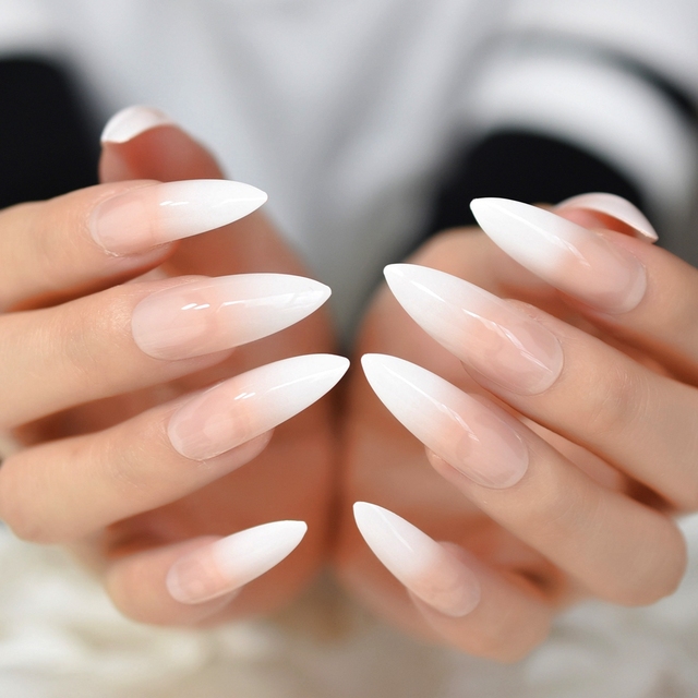 Stiletto Faux Ongle Rose Red Beige French Style Gradient Acrylic ABS Nail Art Tips Medium Manicture Tip with Glue Sticker