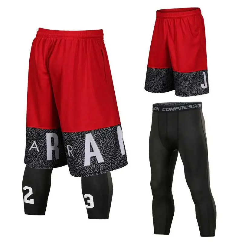 Мужские баскетбольные наборы, спортивные быстросохнущие тренировочные шорты+ колготки для мужчин, футбольные упражнения, Пешие прогулки, бег, фитнес, йога - Цвет: Red Sets A
