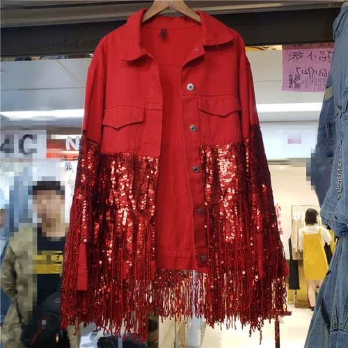 Ren джинсовое пальто Женщины Весна новая одна застежка имеют Sequines кисточкой черный/белый джинсовая куртка Женская Базовая джинсовая куртка - Цвет: Красный