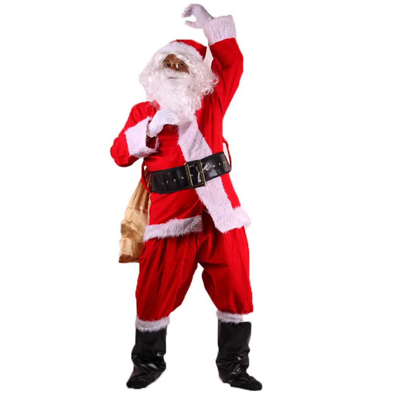Костюм Санта-Клауса для костюмированной вечеринки; Рождественский костюм для отца; нарядная одежда; Рождественский костюм для мужчин; пальто; брюки; пояс с бородой; шапка; Рождественский комплект