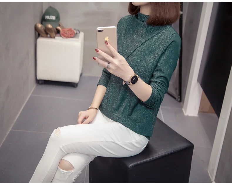 Plus Size Bright Silk Tops Tee Shirts Women 2020 Autumn Trendy Turtleneck Long Sleeve Office Lady Basic T-shirts Oversize Tshirt