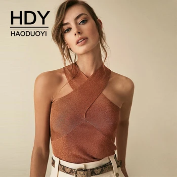 

HDY Haoduoyi 2019 Street Style Sexy Metallic Texture Cross Hanging Neck Knitting Tops Strapless Shoulder Slim Fit Sweater