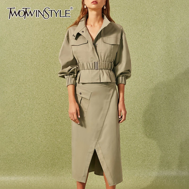 TWOTWINSTYLE Ruffle Vintage Two Piece Set For Women Lapel Collar Long Sleeve Female Suits 2020 Autumn Oversized Fashion New TWOTWINSTYLE Ruffle Vintage Two Piece Set For Women Lapel Collar Long Sleeve Female Suits 2020 Autumn Oversized Fashion New