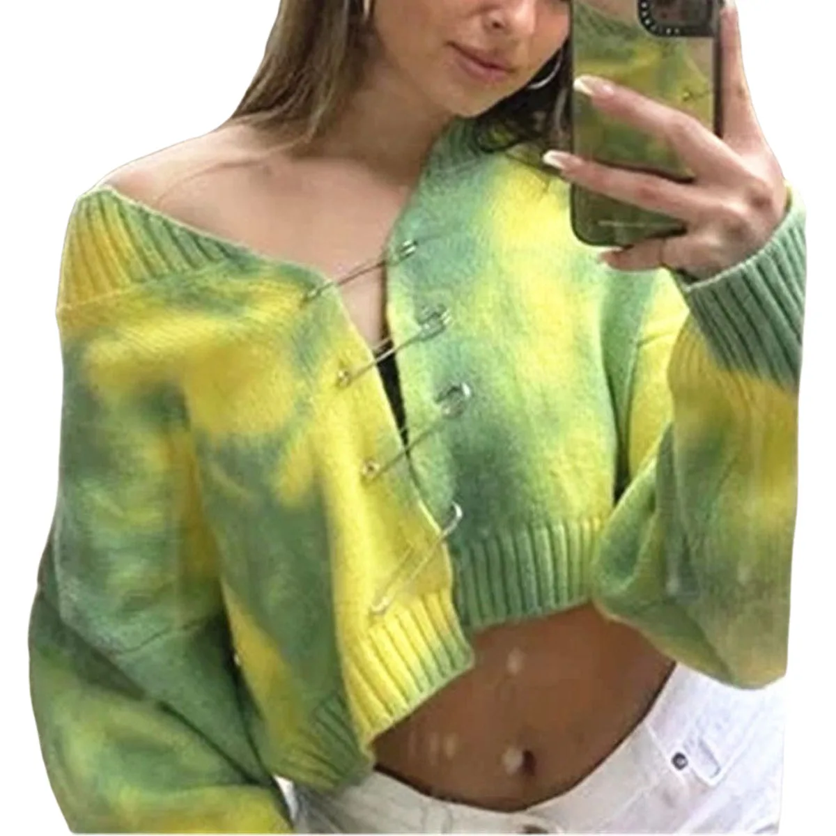 

Women Cropped Shirt Knitting Cardigan Sexy Blouses Party Long Sleeve Autumn Slim Paper Clip Button Decor Tie Dye Printed Clothes