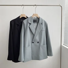 Outono cor sólida elegante azul blazer feminino jaqueta estilo coreano solto decote em v manga comprida cardigan