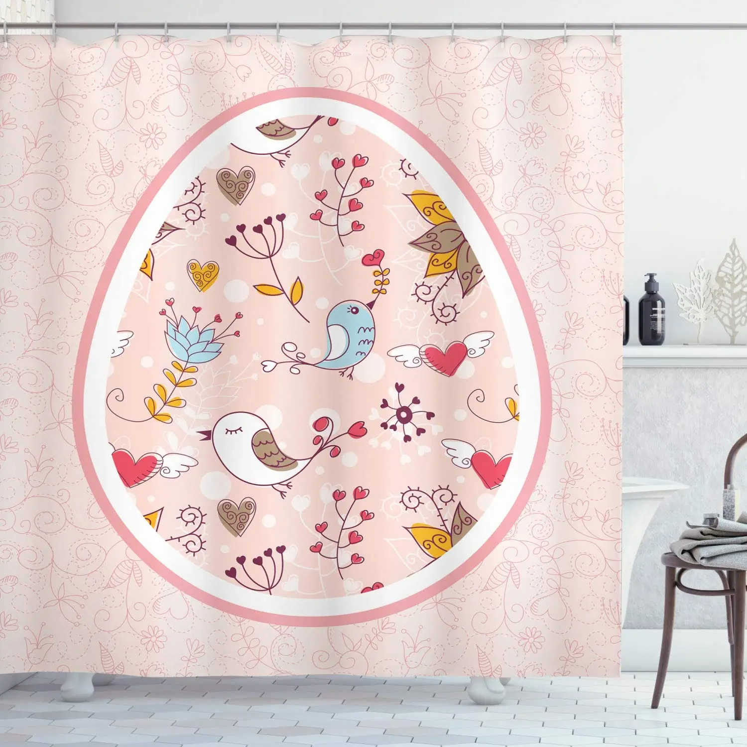 Floral Shower Curtain Tones Botanical Art with Birds and Flowers in Egg Shaped Frame Cloth Fabric Bathroom Decor Set Hooks |