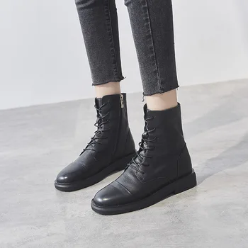 

Women Leather Martins Boots Ankle Lace Up Autumn Shoes Women Black Genuine Leather Knight Boot Handmade Riding Shoe Low Heel
