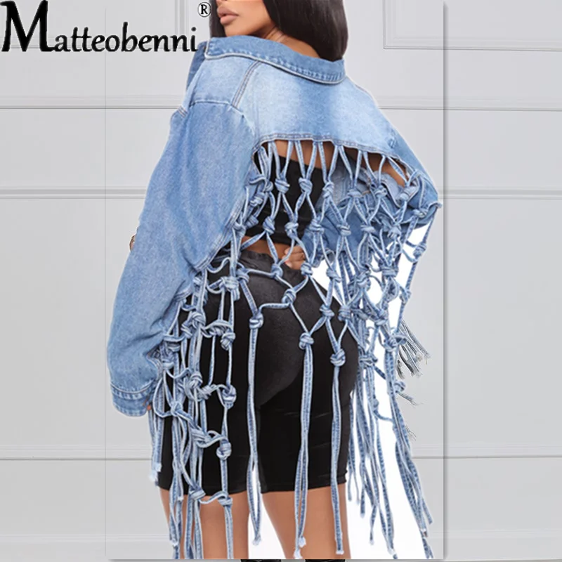 Womens Autumn 2021 New Fit Crop Tops Back Grid Tassel Design Long Sleeve Jean Coat Ladies Casual Street Denim Jacket autumn women s jeans cool street high waisted jeans pocket contrasting color stitching straight jeans womens distressed jeans