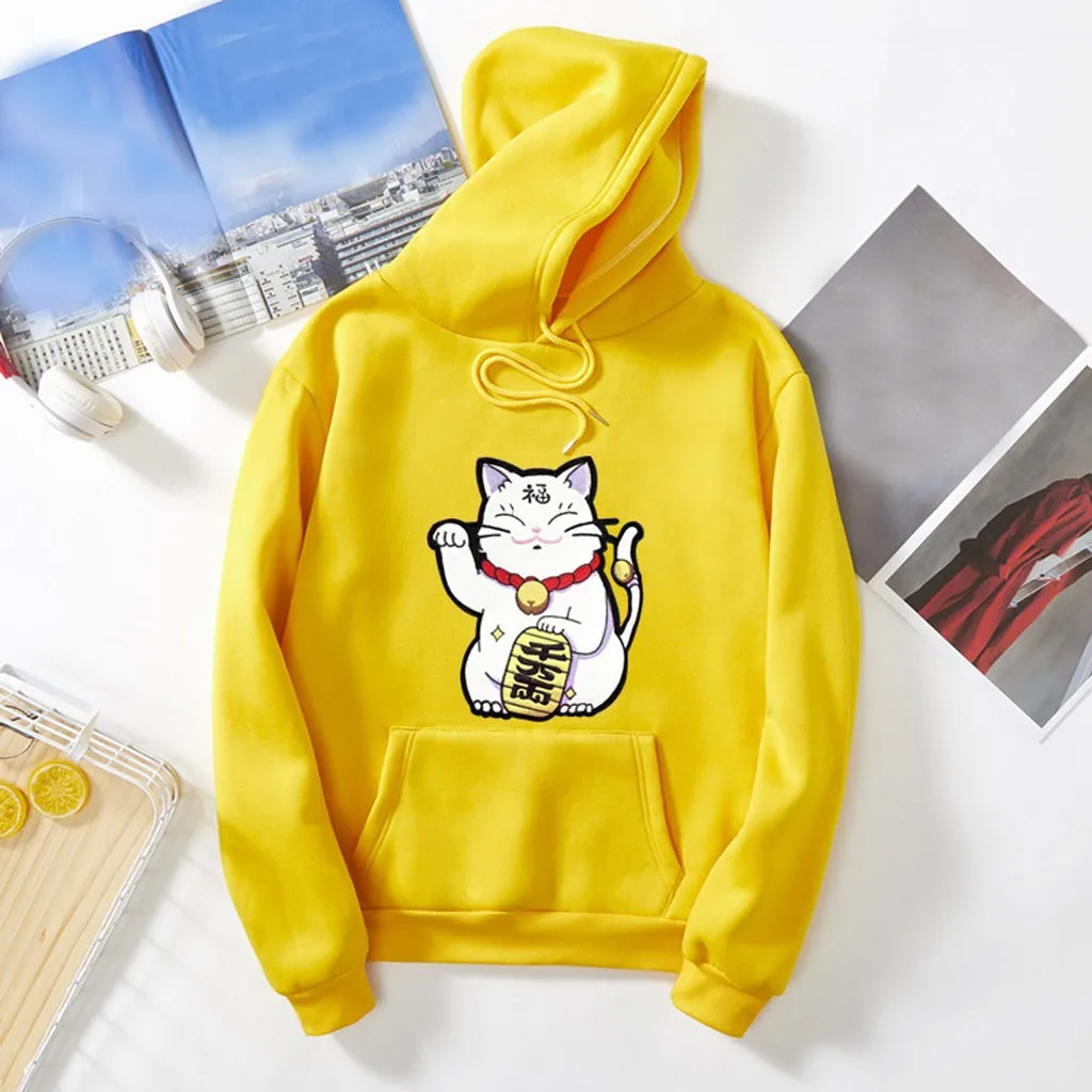Японский Харадзюку толстовка женская толстовка; осень счастливый кот печати Толстовка Kawaii пуловер с капюшоном топы уличная# B