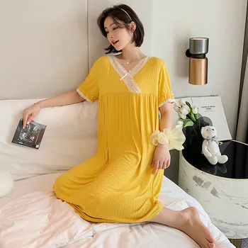 

Large Size Loose Cotton Women's Home Clothes Multi Colors One Size Short-sleeved Long Nightgown Sexy V-neck Lace Sleepwear