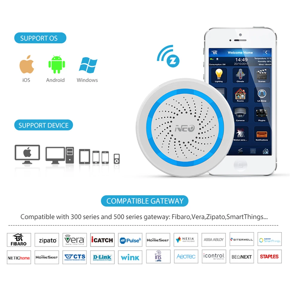 Беспроводная звукосветильник сигнализация NEOCoolcam Zwave Plus сирена с датчиком