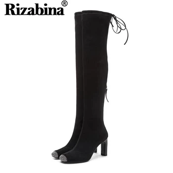 

RIZABINA Women High Quality Real Leather Crystal Over Knee Boots Comfortable New Shoes Woman Winter Warm Long Boots Size 34-40
