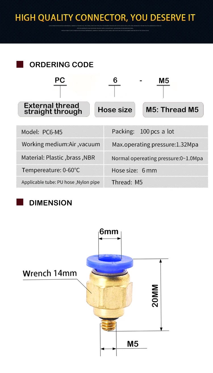 Бесплатная доставка Высокое качество 100 шт BSPT PC6-M5, 6 мм до M5 пневматический разъемы мужской прямо в одно касание арматура