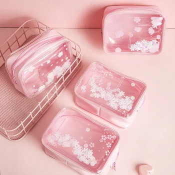 

Girls Pink Cherry Blossoms Pattern Waterproof Quicksand Cosmetic Bag Ins Style Cute Portable Travel Bag Zipper Organizer Bag