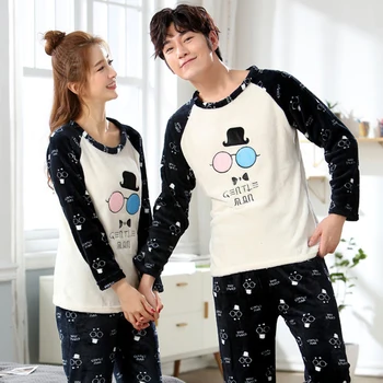 

2020 Winter Couples Flannel Warm Pajama Sets For Women Long Sleeve Coral Velvet Pyjama Cute Cartoon Panda Sleepwear Men Homewear