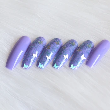 

24pcs high-end fashion handmade crystal diamond long flat false nails light purple