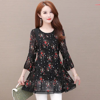 

COIGARSAM Plus Size Chiffon Print Loose blouse women New Spring blusas womens tops and blouses 210