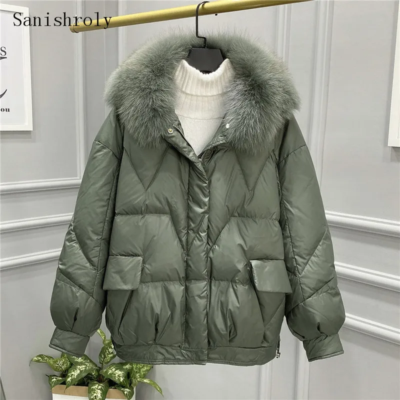

Sanishroly Women Big Fur Collar Coat Warm Thicken White Duck Down Jacket Parka Ladies Short Winter Oversize Outerwear Tops S1072
