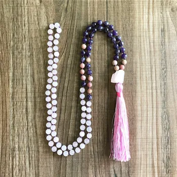 

108 Purple Quartz Mala Necklace Knotted Pink Tassel Necklace Meditation Prayer Mala Lovely Rosequartz Jewelry Girl Gift