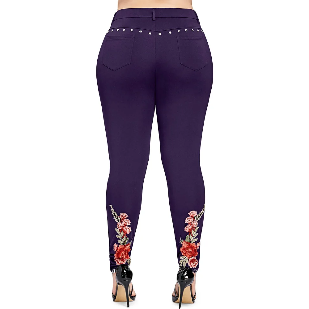 Rosegal, большой размер, 5XL, брюки с цветочной вышивкой, заклепки, узкие брюки, женская летняя одежда, пуговицы, сексуальные, вышитые, узкие брюки