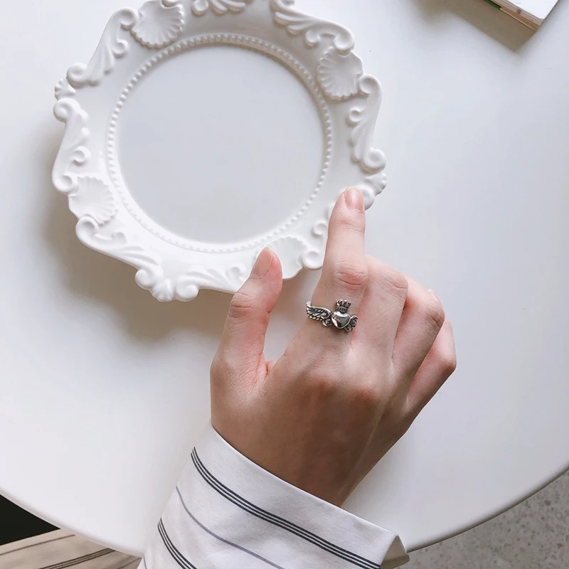 Silvology 925 серебро сердце крыло Корона Кольца для женщин винтажные креативные корейские кольца для женщин Серебряные праздничные украшения