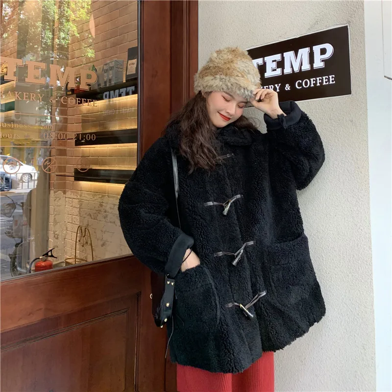 

Photo Shoot Korean-style Loose-Fit Lambs Wool Mid-length Toggle Thick Loose Warm Furry Coat