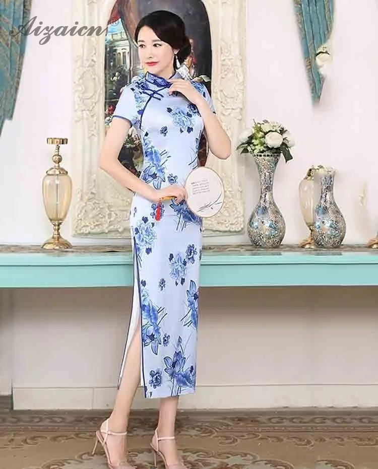 Синий цветок Cheongsam современный Femme элегантный тонкий длинный Qi Pao для женщин Китайская традиционная одежда платье Qipao аналогичный шелковый халат