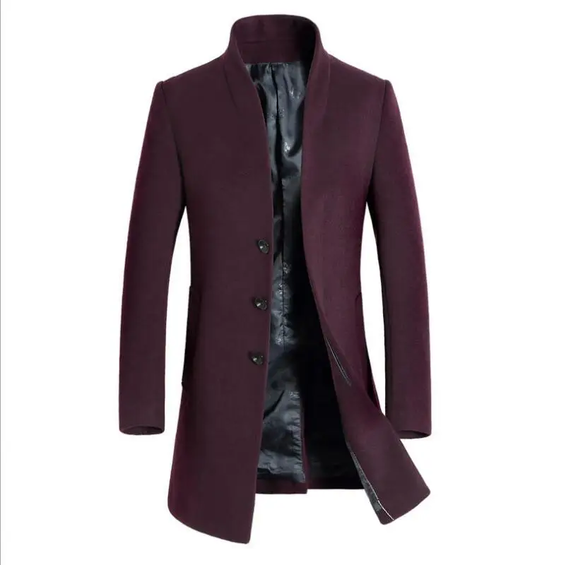 Wine red Осень и зима новая мужская модная бутиковая шерстяная однотонная Повседневная Длинная шерстяная ветровка Мужское пальто с стоячим воротником - Цвет: Wine red