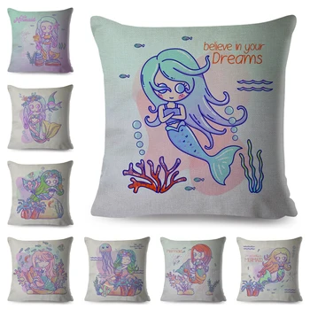 

Cute Child Mermaid Girl Patchwork Cushion Cover for Children Room Sofa Home Decor Lovely Cartoon Pillow Case Linen Pillowcase