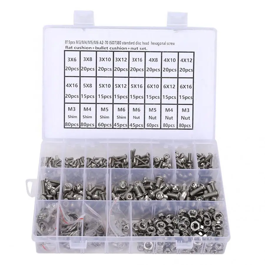 

815PCS M3 M4 M5 M6 Stainless Steel Pan Head Hex Socket Screw Nut Washer Kit High Quality