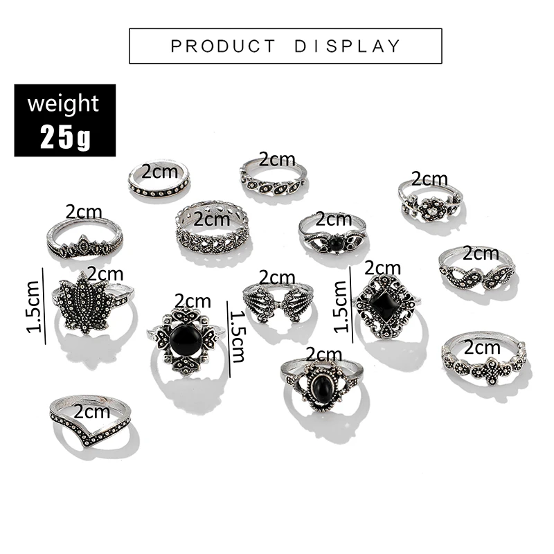 Tocona 14 pcs/sets Vintage Antique Silver Lotus Rings for Women Black Rhinestone Geometric Carve Flower knuckle Ring Jewelry9134