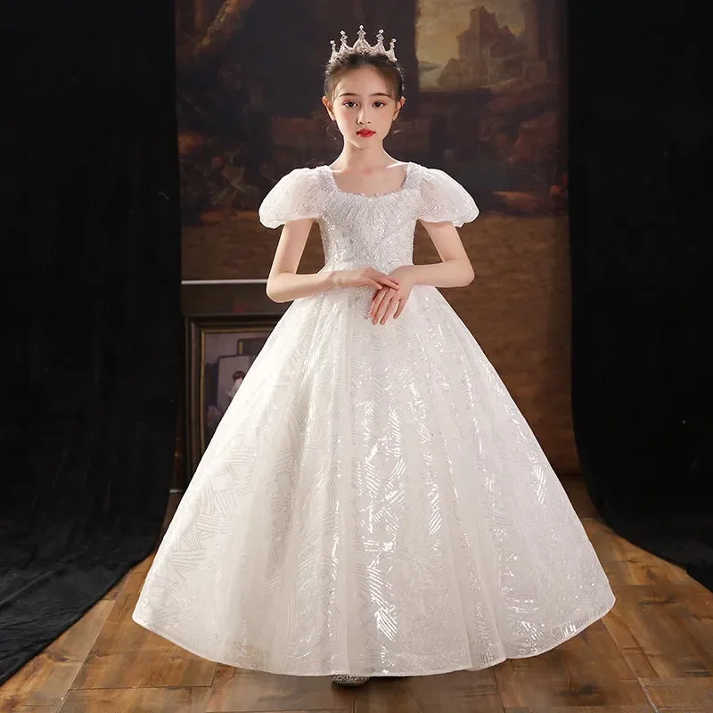 

Ceremony Girl Dresses Sequin Lace Princess Long Formal Gown First Communion Party Kids Dress for Girl Wedding Birthday Costume