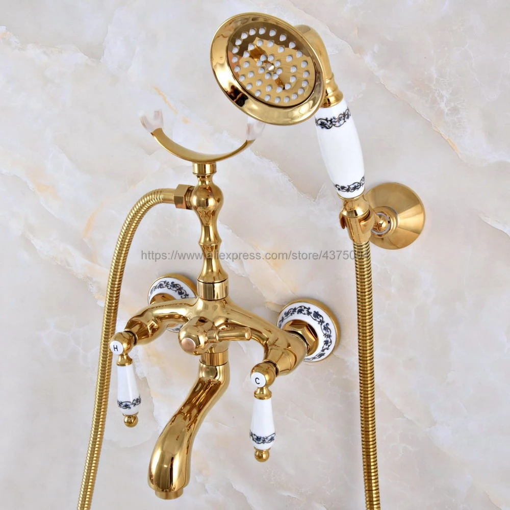 

Luxury Gold Color Brass Bath Shower Faucet Set Dual Knobs Wall Mounted Bathtub Mixers with Handshower Swive Tub Spout Nna960