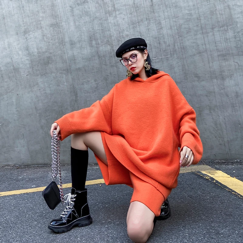 [EAM] Wide Leg Pants Knitting Two Piece Suit New Hooded Long Sleeve Loose Fit Women Fashion Tide Spring Autumn 19A-a219