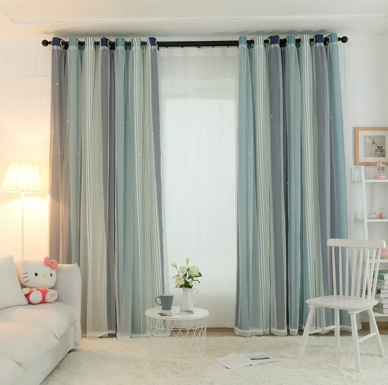 

Nordic Style Curtains for Bedroom Color Stripe Hollow Star Curtain High Precision Hollow Printed Cloth White Tulle Curtain