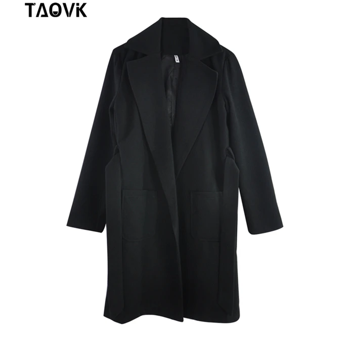 TAOVK женские куртки и пальто средней длины пояс Шерсть& смесь пальто с отложным воротником сплошной цвет Карманы парка