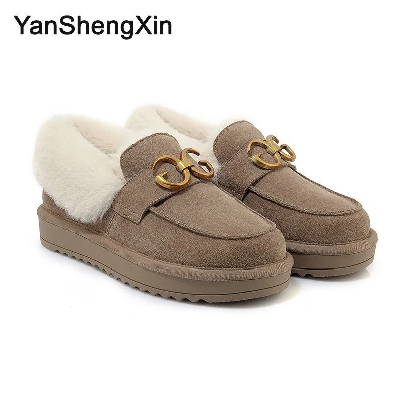 YANSHENGXIN/Женская обувь; зимние сапоги из коровьей кожи; теплая шерстяная женская обувь; зимние сапоги; ботильоны с металлическими буквами