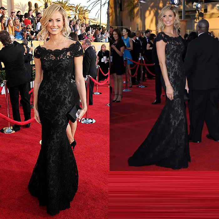 

Ck133 Summer Europe And America Star Red Carpet Black And White with Pattern off-Shoulder Lace Long Tailing Fishtail Formal Dres