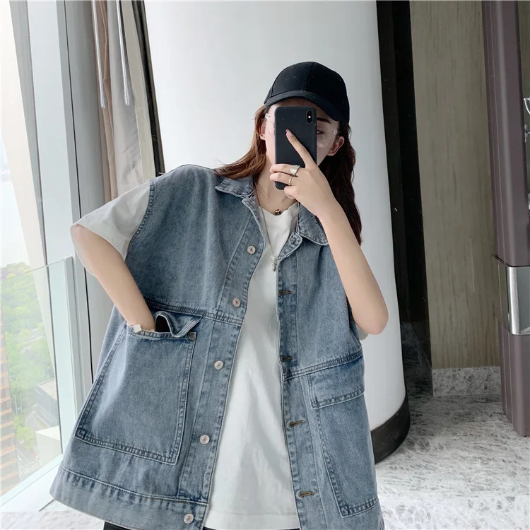 

Photo Shoot 2019 WOMEN'S Dress Summer Mid-length Large Pocket Denim Waistcoat Loose-Fit BF Sleeveless Jeans Coat