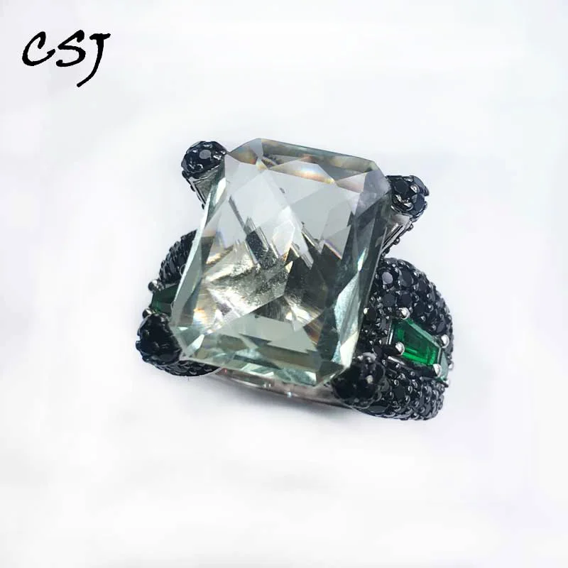 CSJ Natural Green Amethyst Ring Sterling 925 Silver Birdnest Cut Gemstone Supper Fine Jewelry For Women And Man Party Gift Box CSJ Natural Green Amethyst Ring Sterling 925 Silver Birdnest Cut Gemstone Supper Fine Jewelry For Women And Man Party Gift Box