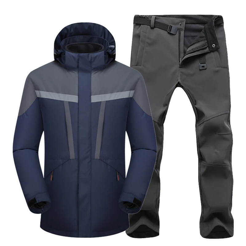 navy gray TRVLWEGO уплотненный теплый лыжный костюм для мужчин, водонепроницаемая ветрозащитная лыжная куртка, брюки, комплекты для улицы, для снега, кемпинга, походов, куртка, набор - Цвет: navy gray