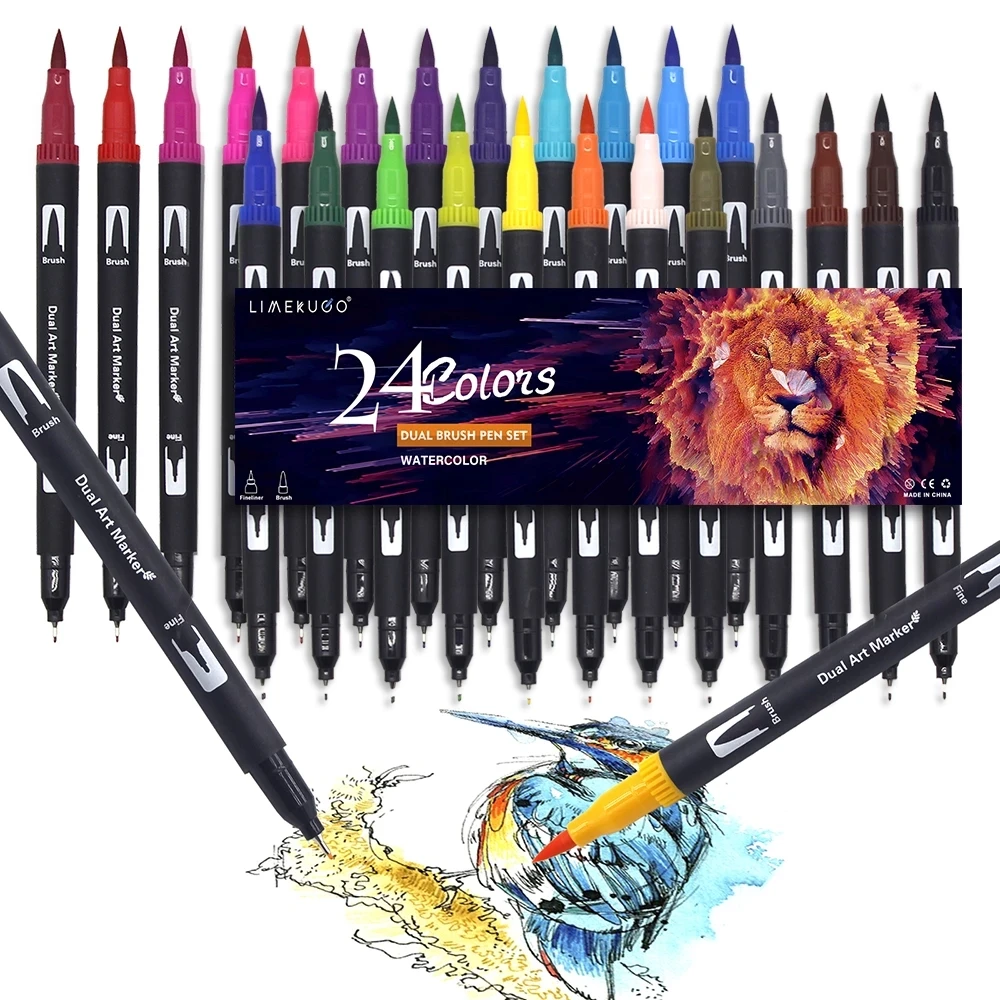 FineLiner-plumas de dibujo de acuarela, 24 colores, pincel de doble punta, rotuladores de arte, bolígrafo para dibujar, pintar, caligrafía, suministro de arte