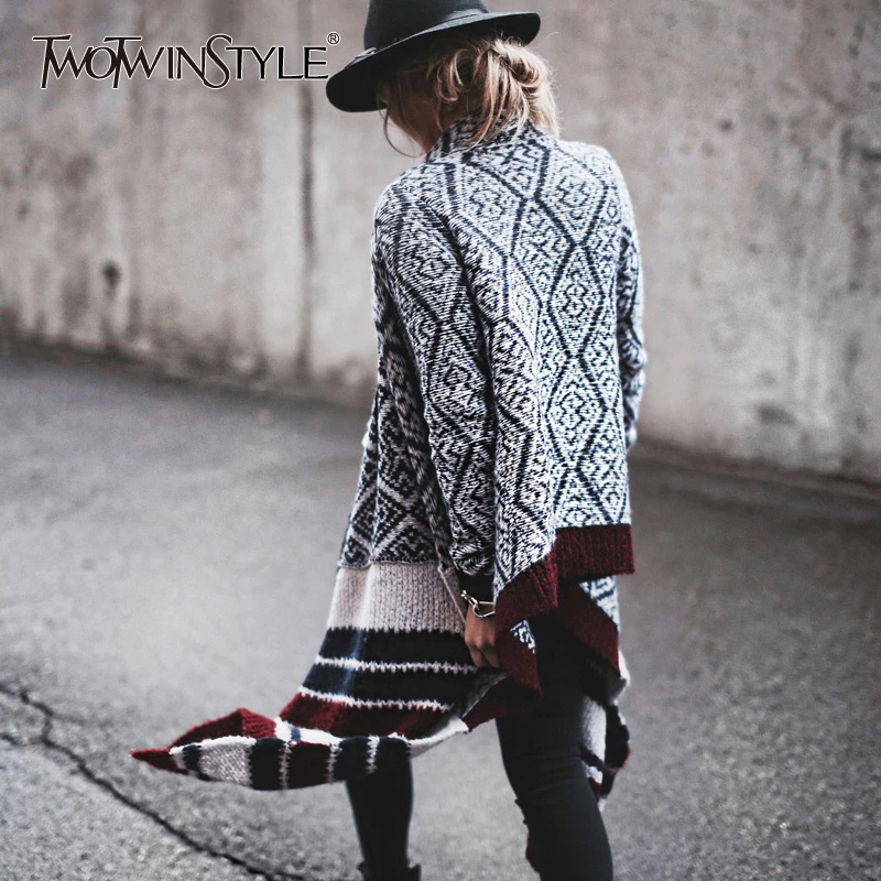 TWOTWINSTYLE Patchwork Print Stripe Women's Sweaters V Neck Long Sleeve Streetwear Female Coats 2020 Autumn Winter Fashion New |